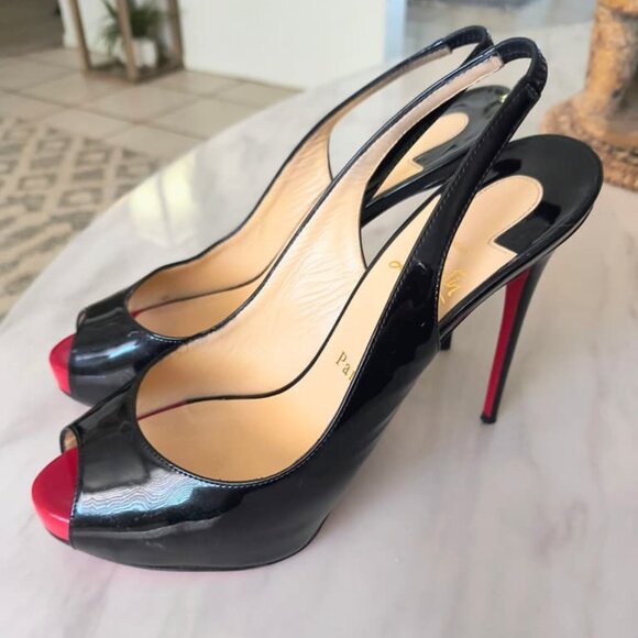 Christian Louboutin Blk Patent Leather Peep Toe Very Prive Slingback Heels - Picture 4 of 7